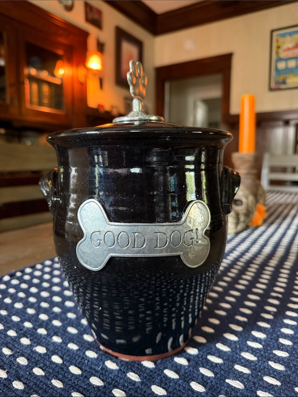 Good Dog Black Ceramic Treat Jar with Paw Lid